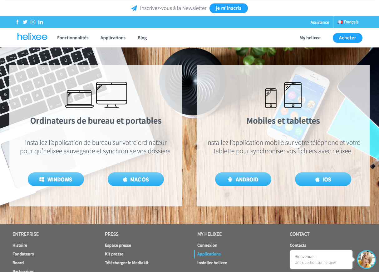 Page de téléchargement des applications helixee